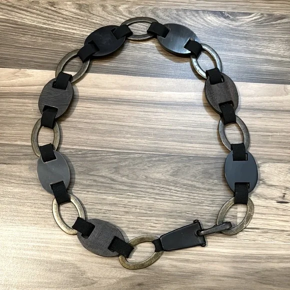 Suzi Rohrer Vintage Oval Brass Links Wood Grain Look Hip Stretch Adjustable Belt - Picture 7 of 14